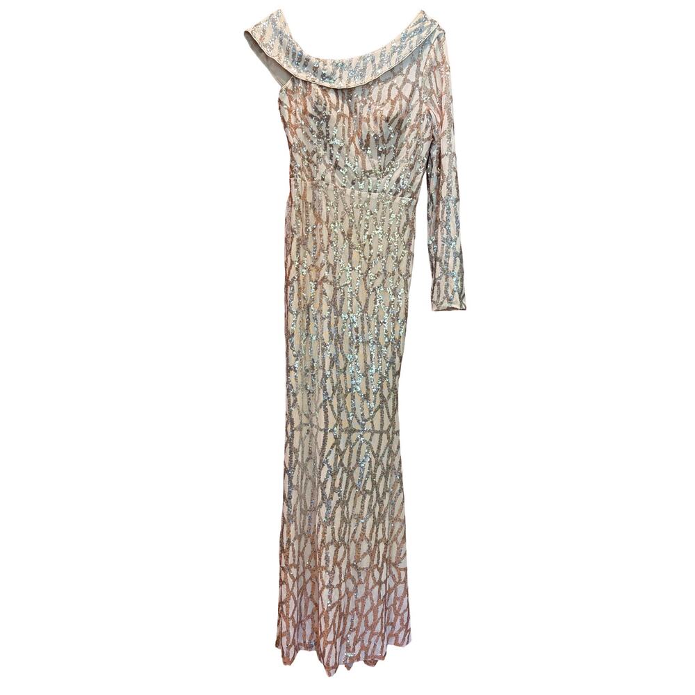Unithorse one-shoulder Cream long-sleeved sequin maxi dress gown Large 12